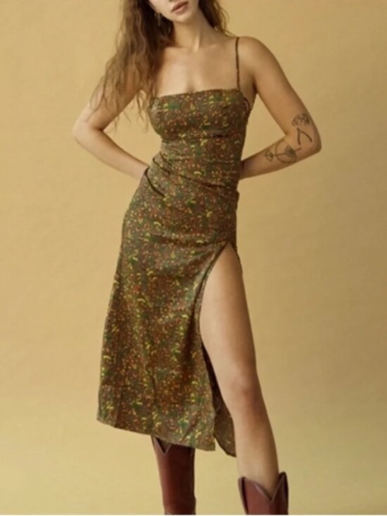 Urban Outfitters Dresses & Skirts - UO Olive Green Floral Sasha Satin Slip Dress